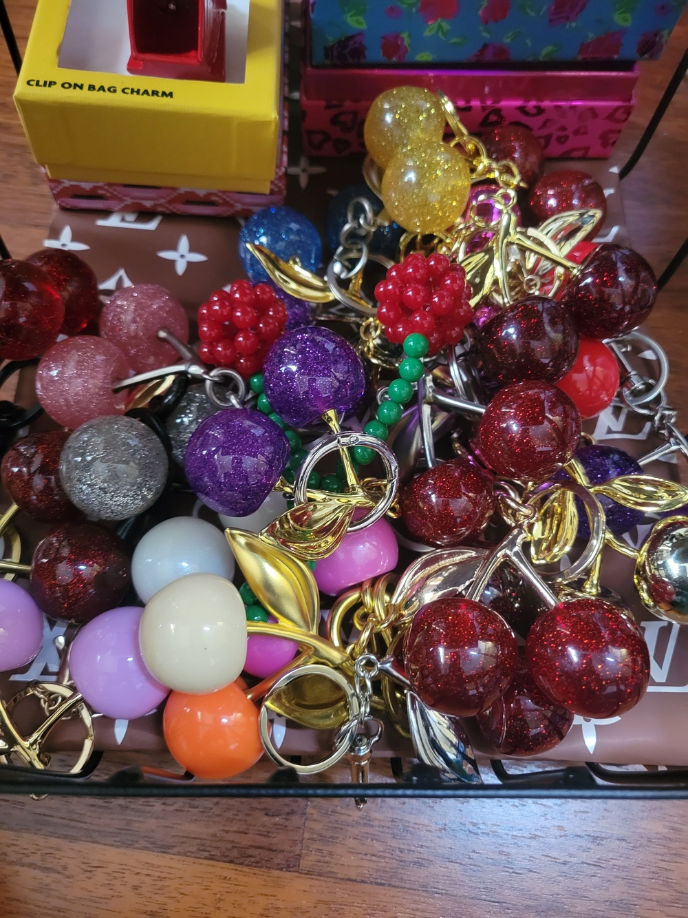 Colorful Fruit Cluster Charm Keyring - Red, Purple, Pink, Gold Accents